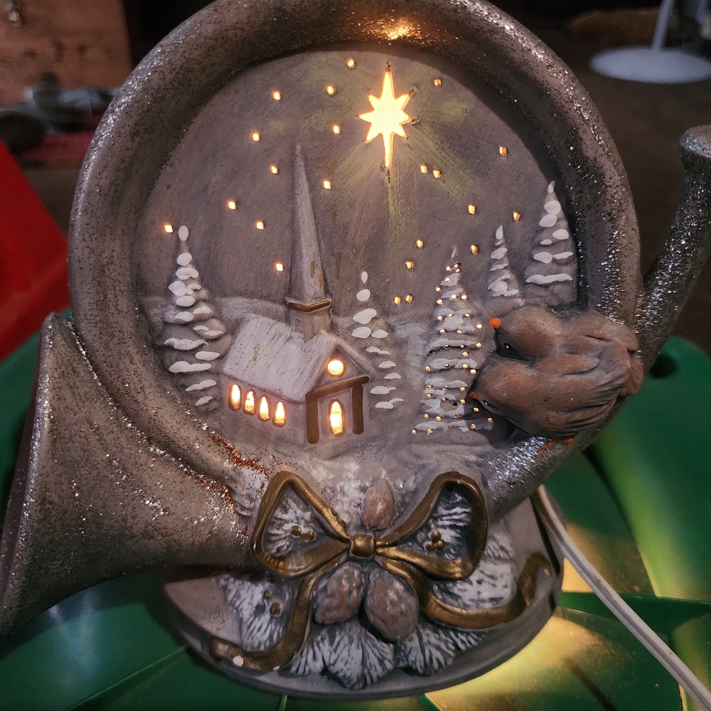 Holiday Ceramic Light-Up Decoration with Bow and Bird